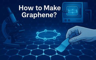 Blue-toned scientific illustration showing a graphene lattice forming at the center with a microscope, CVD chamber, and a hand using tape for exfoliation.