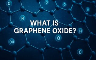 Scientific blue-toned illustration of graphene oxide structure showing carbon atoms in a hexagonal lattice with oxygen functional groups attached