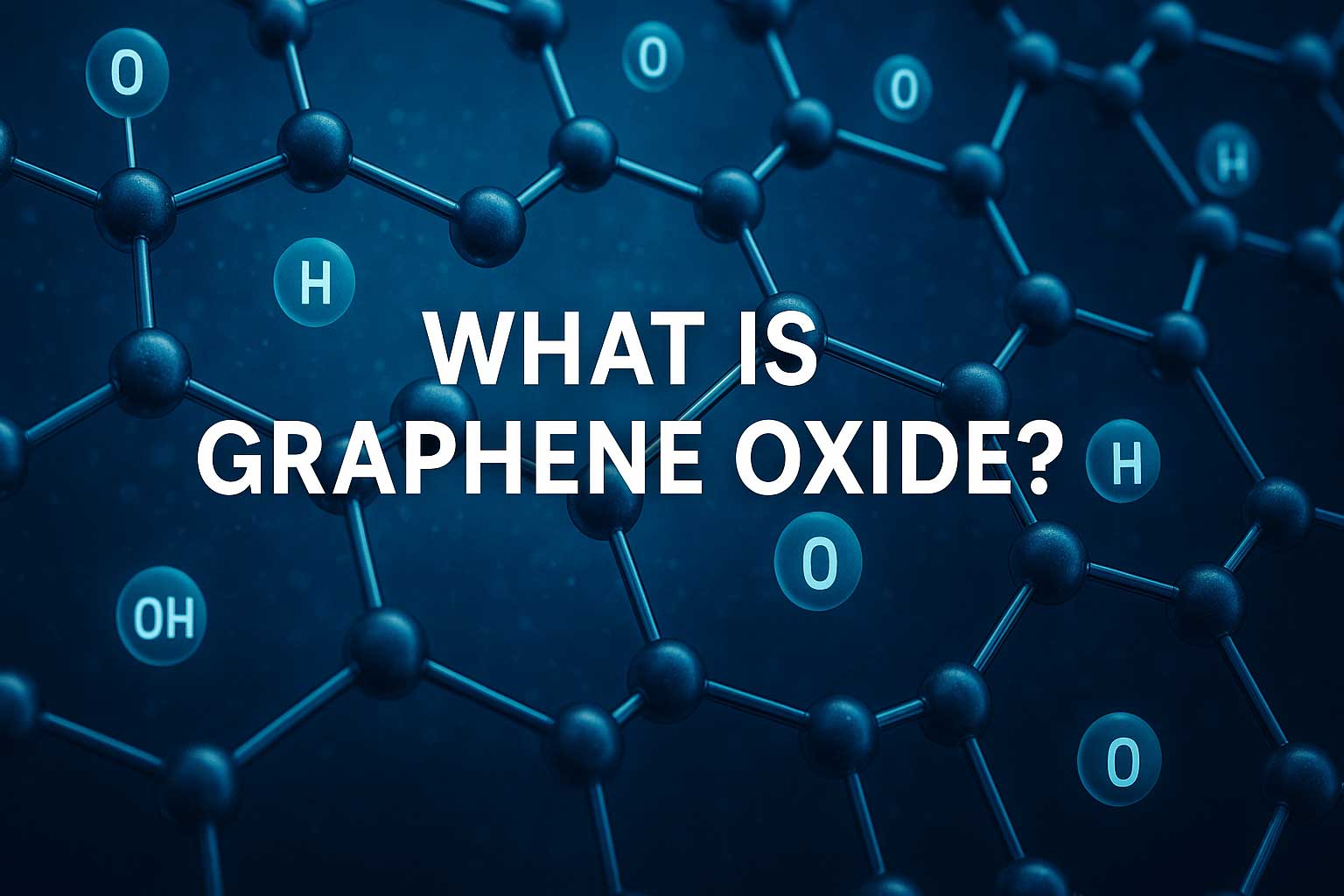 Scientific blue-toned illustration of graphene oxide structure showing carbon atoms in a hexagonal lattice with oxygen functional groups attached