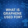 Blue-toned scientific illustration showing a graphene lattice background with icons for energy, electronics, medicine, construction, and aerospace industries.
