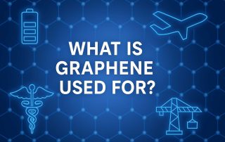 Blue-toned scientific illustration showing a graphene lattice background with icons for energy, electronics, medicine, construction, and aerospace industries.