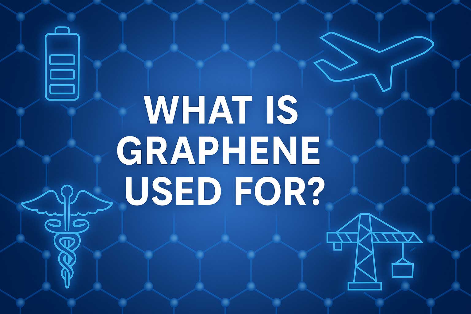 Blue-toned scientific illustration showing a graphene lattice background with icons for energy, electronics, medicine, construction, and aerospace industries.