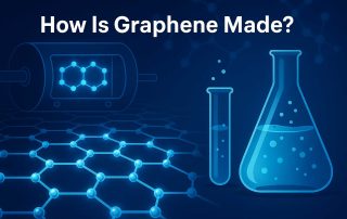 Blue-toned scientific illustration showing how graphene is made through chemical vapor deposition, exfoliation, and chemical synthesis with a glowing graphene lattice forming in the center.