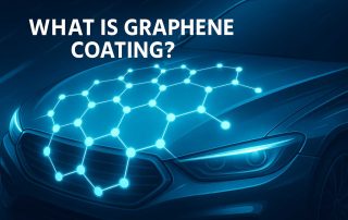 Blue-toned futuristic illustration of a car surface coated with a glowing graphene hexagonal lattice, symbolizing graphene coating nanotechnology.